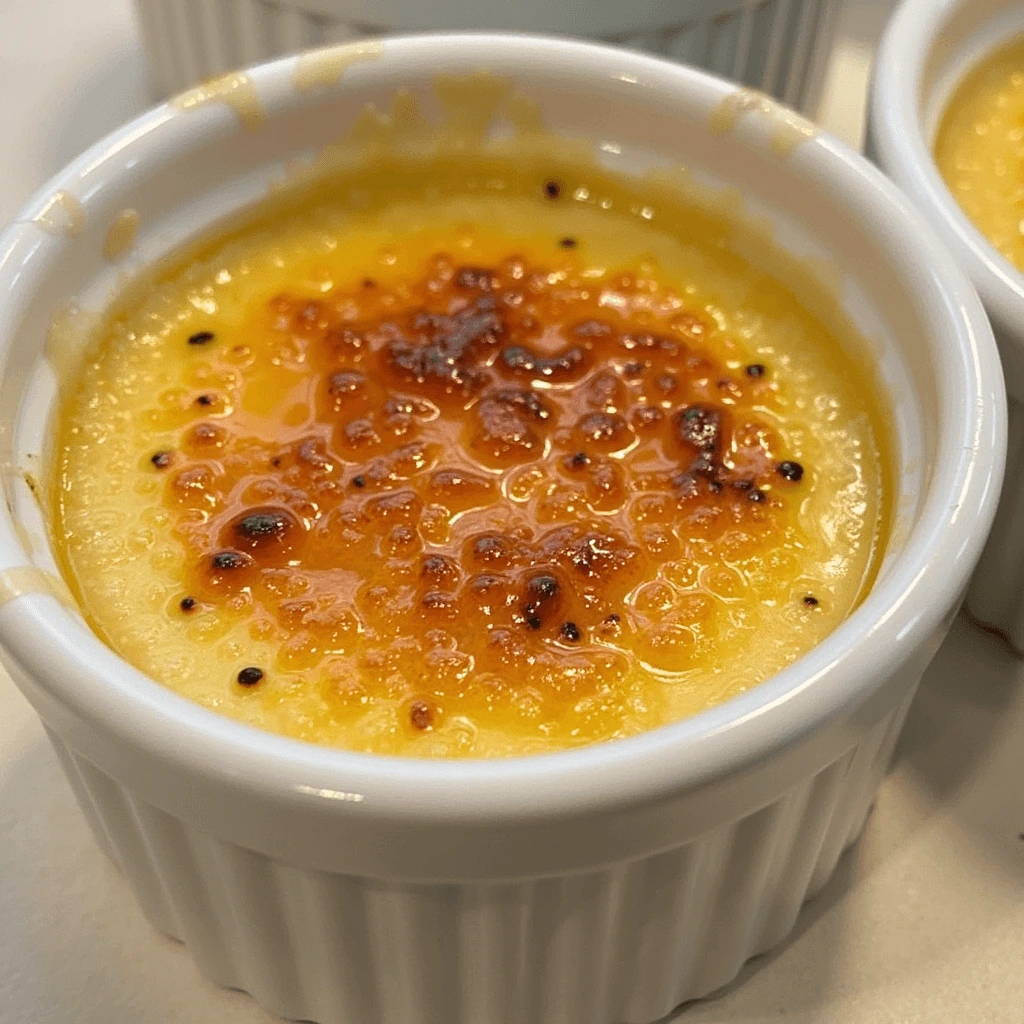 "Golden caramelized Crab Brûlée served in a ramekin with a crispy crust, garnished with fresh herbs on a rustic wooden table."