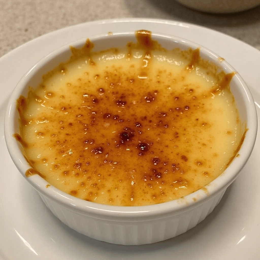 "Golden caramelized Crab Brûlée served in a ramekin with a crispy crust, garnished with fresh herbs on a rustic wooden table."