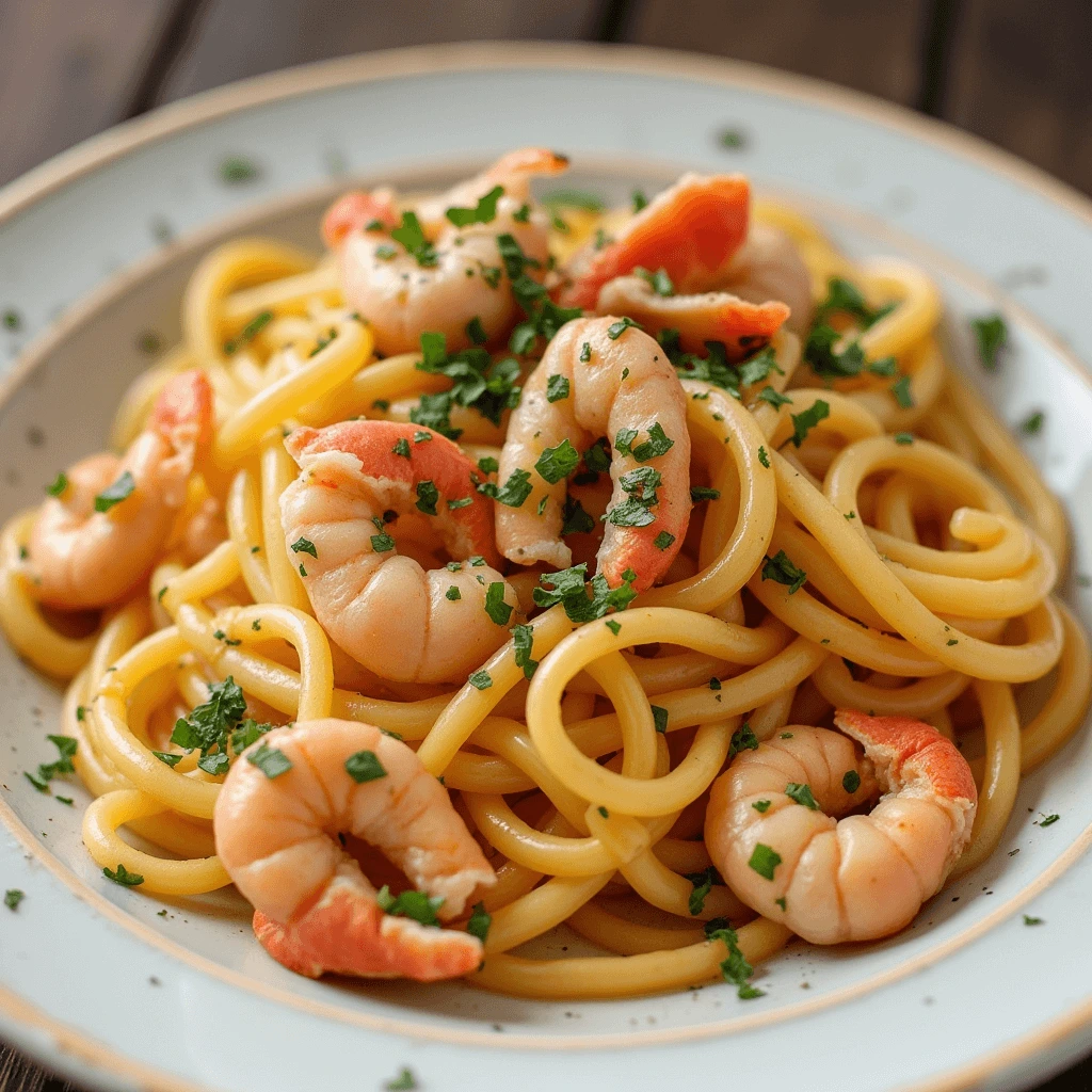 Delicious Crab Pasta Garnished with Fresh Herbs and Parmesan Cheese"
