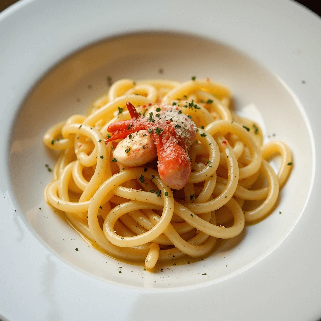 Delicious Crab Pasta Garnished with Fresh Herbs and Parmesan Cheese"
